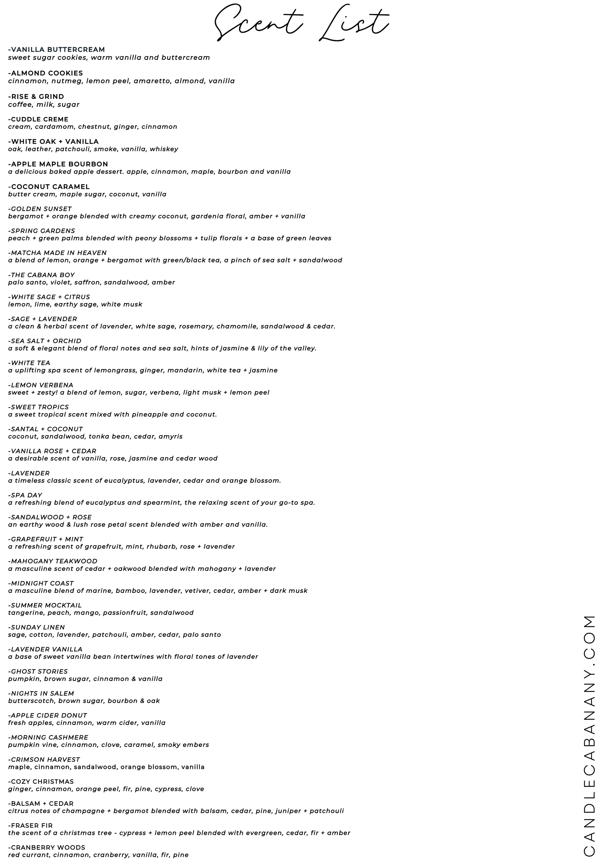 a collection of various scents and ingredients, including vanilla, cinnamon, nutmeg, and other spices, as well as different types of candles and soaps.