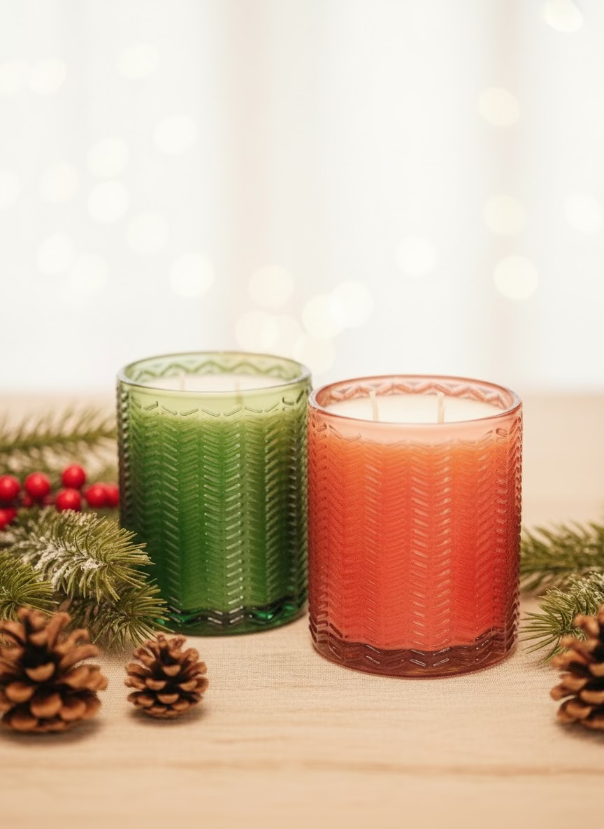 Two textured glass candles, one green and one red, on a white surface with a blurred background.